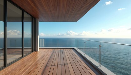 Naklejka premium Modern apartment balcony with wooden deck and glass railing overlooks calm ocean horizon. Contemporary building exterior offers serene sea view with clear blue sky above.