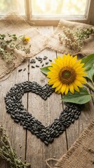 Naklejka premium Creative heart shape made of seeds and grains on a rustic wooden surface with a sunflower and natural light in a kitchen setting