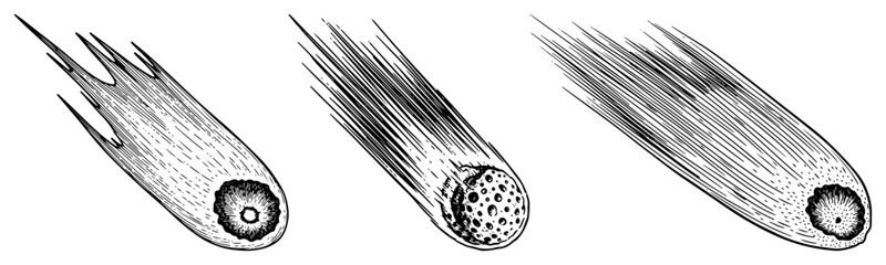 Vintage etching illustration of falling comets or meteors through space © Amelia