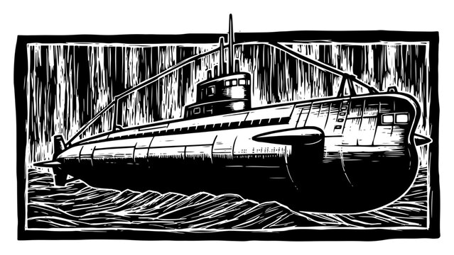 Vintage woodcut style illustration of a military submarine on the sea surface