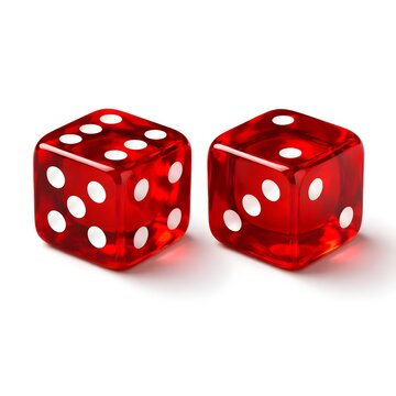 Two red dice with white dots sit next to each other on a white surface. They are ready for use in games like craps or board games during social gatherings