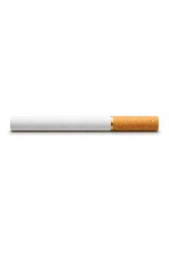A cigarette rests on a flat surface with a light background. The setting is indoor and it shows the structure of the cigarette clearly. It may indicate a moment of pause for someone