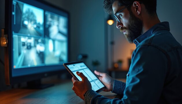 Man using tablet to review live security camera feeds on large monitor at night. Digital monitoring system displays multiple views for home or office safety and control. Person checks data.