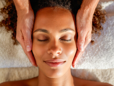 Relaxed woman enjoying a soothing facial massage with eyes closed during a calming spa treatment on a soft white towel background