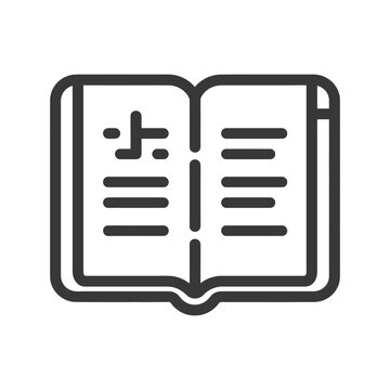 An opened book illustration with text and line art details