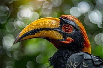 Naklejka premium Close up of a rhinoceros hornbill displaying its vibrant beak and plumage against a backdrop of bokeh in a tropical forest
