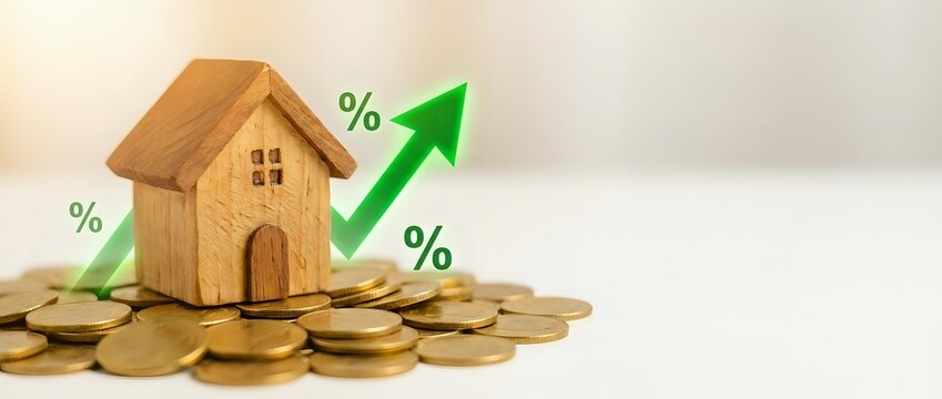 Wooden house model on golden coins with green percentage arrows showing rising property values and real estate investment growth concept.