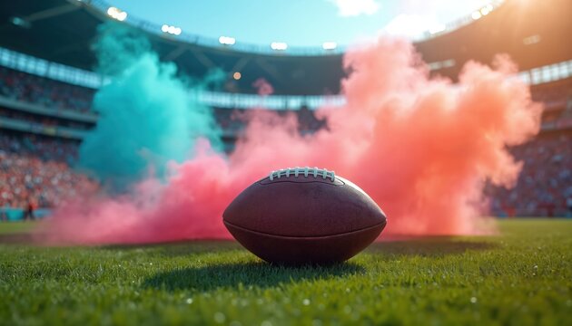 American football lies on grass field stadium. Pink and blue smoke bursts around ball. Spectators watch game from stands under bright sunny sky.