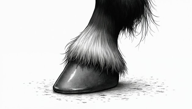Close up black and white illustration of horse hoof and fetlock hair. Equine detail on white background shows texture and anatomy for equestrian or farm themes.