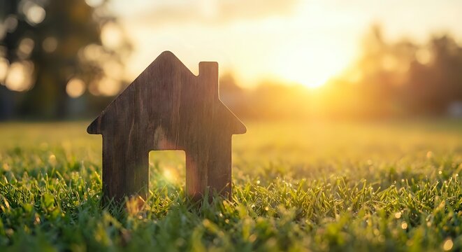 Wooden house cutout on green grass at golden sunset symbolizing home ownership, real estate investment, mortgage, property dreams and housing market growth.