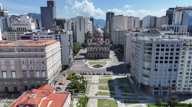 Candelaria Church In Rio De Janeiro In Brazil. President Vargas Avenue Landscape. Downtown District. Beautiful Cityscape. Candelaria Church In Rio De Janeiro In Brazil. Urban Skyline. 