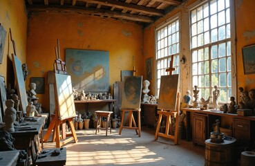 Fototapeta premium Artist studio with easels canvases, sculptures. Light streams through large windows illuminating creative workspace filled with artistic tools, works in progress. Old building walls show texture.