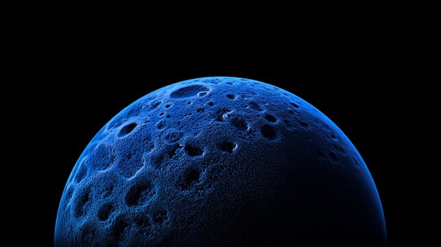 Blue textured planet with cratered surface illuminated against a black background, showcasing a detailed view of its topography and surface features