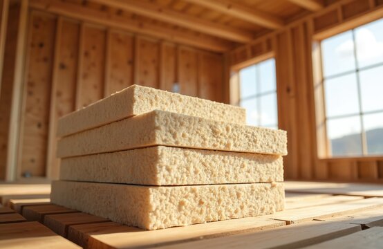 Stack of natural wood fiber insulation panels inside a sunlit house under construction. Building materials for eco friendly homes and sustainable architecture are ready for installation.