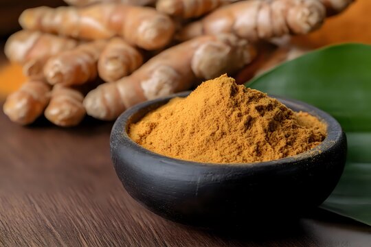 Fresh turmeric powder in wooden bowl with raw turmeric roots on wooden background. Natural spice for cooking, health supplements and traditional medicine.