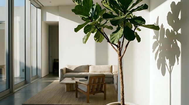 Modern minimalist living room interior with large fiddle leaf fig tree casting natural shadows on white wall. Contemporary furniture and floor-to-ceiling windows create bright space.