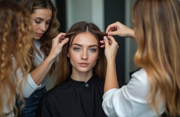 Naklejka premium Pro stylists prepare young woman for photoshoot. Stylists adjust model hair creating elegant hairstyle in studio. Focus on beauty and creative process.