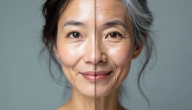 Split face portrait shows woman transitioning from youth to old age. Smooth skin contrasts with wrinkles and gray hair. Aging process and skincare comparison.