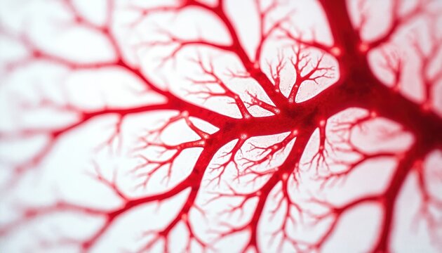 Close-up view of red brain arteries, branching like tree. Intricate vascular network, visible under medical imaging. Blood vessels filled with contrast agent for clear view.