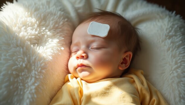 Newborn baby slepic with fever patch on forehead. Infant rests on fluffy white blanket under sunlight. Baby needs care and comfort during illness.