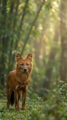 Obraz premium Red fox standing alert in sunlit forest with golden bokeh light filtering through trees creating magical woodland atmosphere.