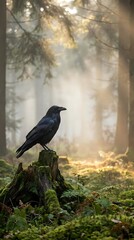 Obraz premium Black raven perched on moss-covered tree stump in misty forest with golden sunlight streaming through trees creating atmospheric woodland scene.
