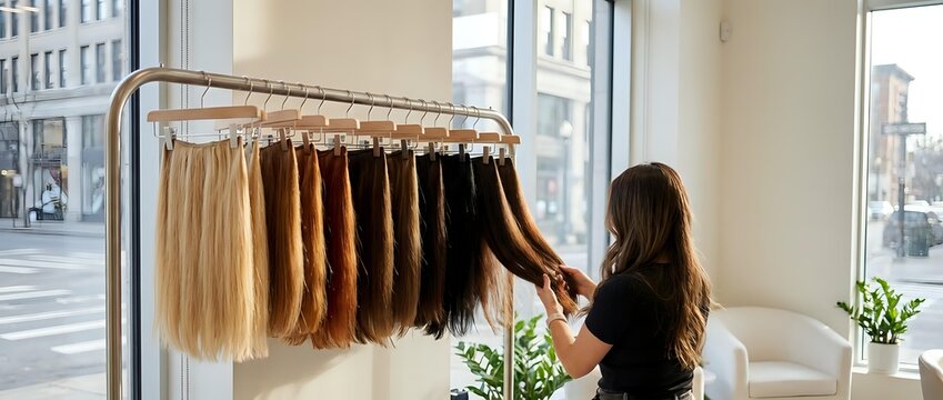 Young woman browsing hair extensions on display rack in bright salon studio. Professional hair color samples hanging for client selection.