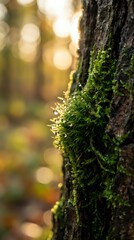 Obraz premium Green moss growing on tree bark with warm sunlight and bokeh background creating peaceful forest atmosphere for nature and environmental concepts.