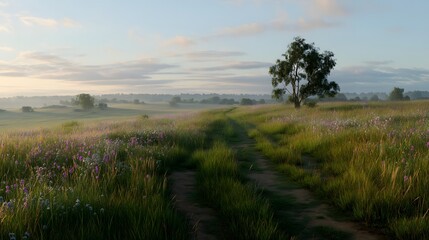 Fototapeta premium Soft dawn light blankets rolling green hills