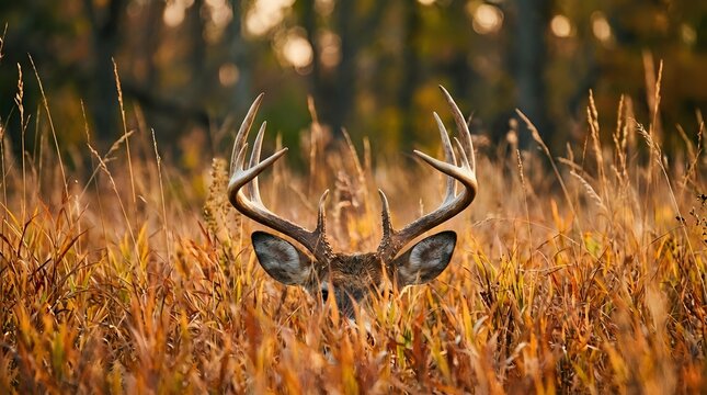 Majestic white-tailed deer buck with large antlers standing in golden autumn grassland during sunset, wildlife photography for hunting and nature themes.