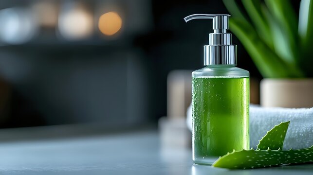 Green liquid soap dispenser with aloe vera leaves on bathroom counter, natural skincare and wellness concept for spa and personal hygiene products.