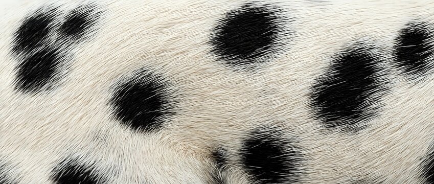 Close-up of natural animal fur texture with black spots on white background. Organic pattern for fashion, textile design and decorative applications.