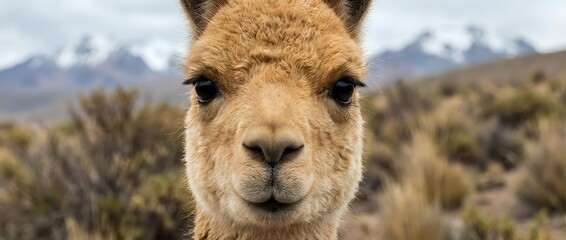 Fototapeta premium Close-up portrait of adorable brown alpaca face with soft fur looking directly at camera in natural mountain landscape with snow-capped peaks and vegetation.