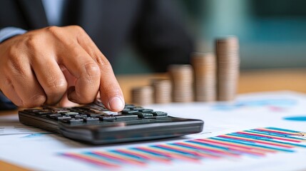 Fototapeta premium Finance, bank, budget, money, businessman, hand, for business, expense analysis, close-up, calculator with graph.