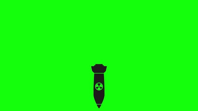 Black nuclear missile falling down with radiation warning sign animation isolated on green screen 4k