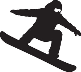 Fototapeta premium Black silhouette of a snowboarder in mid-air performing a jump or trick, showcasing winter sports and extreme leisure activity.