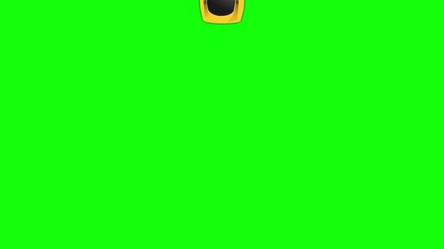 Top view of yellow sports car driving and racing animation isolated on green screen background 4k