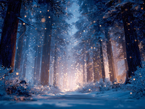 Enchanting winter forest pathway illuminated by glowing magical orbs and soft sunlight filtering through tall snow-covered trees in a serene natural landscape