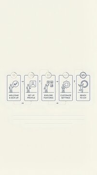 User onboarding process infographic with five sequential steps showing welcome, profile setup, feature exploration, customization and completion stages.