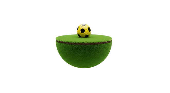 A small yellow soccer ball sitting on top of a green half-sphere Brazil 2026 soccer world championship green and yellow. Transparent background