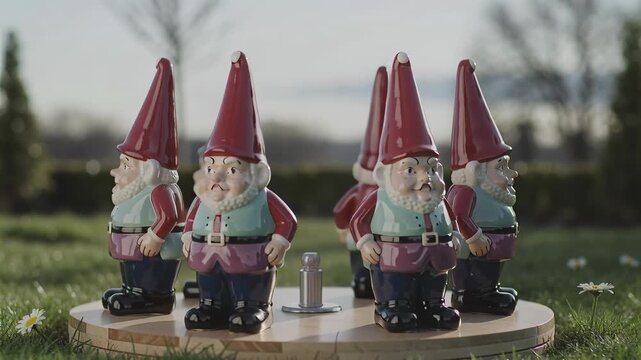 Whimsical Garden Decor Group Conformity and Lawn Ornament Trends Garden Gnomes Arranged in a circle on a lawn.