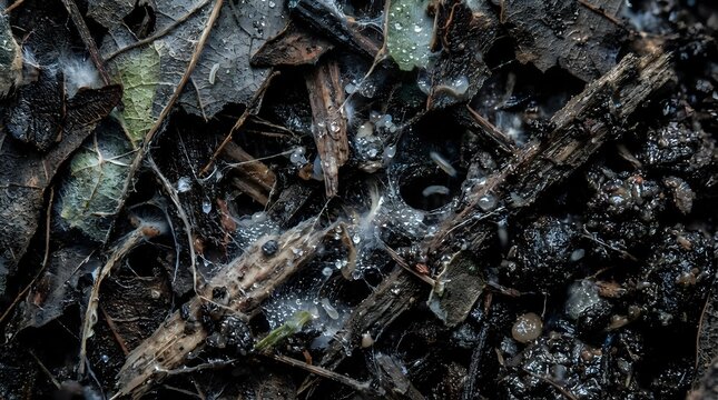 Forest floor covered with decomposing autumn leaves, twigs and organic matter creating natural woodland texture for environmental backgrounds.