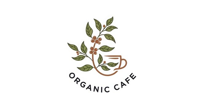 Organic cafe logo with coffee cup and green leaves