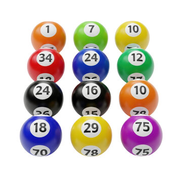 twelve matte plastic lottery balls in a precise 3x4 grid, numbered and colorful, isolated on a seamless transparent studio background with copy space. concept of luck and gambling