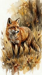 Obraz premium Red fox standing in autumn grassland with golden brown watercolor background for wildlife and nature designs.