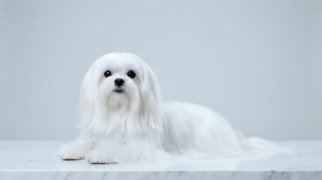 Adorable white Maltese dog with long silky coat lying on marble surface against gray background for pet grooming and luxury lifestyle concepts.