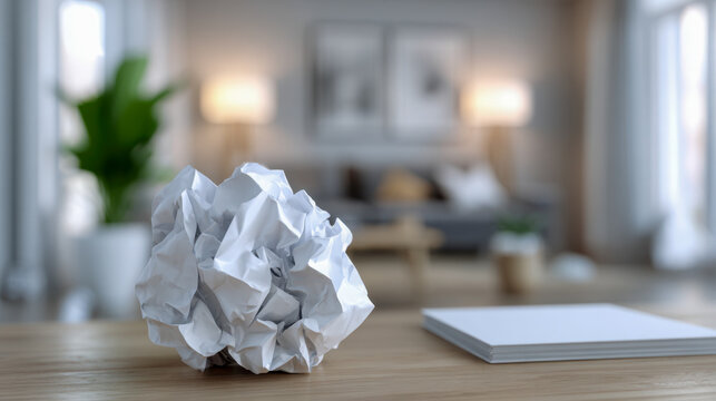 Crumpled paper ball and blank notebook on wooden desk with blurred cozy living room background for creative work or brainstorming concept
