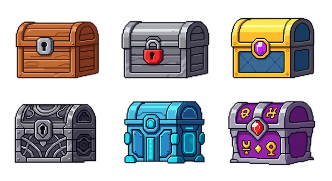 Collection of six pixel art treasure chests with different designs and colors