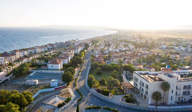 Aerial view capturing a coastal town scene in Perivolia, Larnaca District, Cyprus