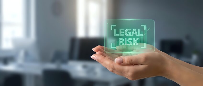 Professional hand holding glowing green legal risk hologram in modern office environment for business compliance and regulatory management concepts.